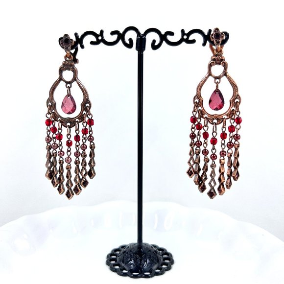 Jewelry - 🎊HP🎊 NWOT - Dark Red Beaded Chandelier Style Copper Tone Clip-On 2.5” Earrings